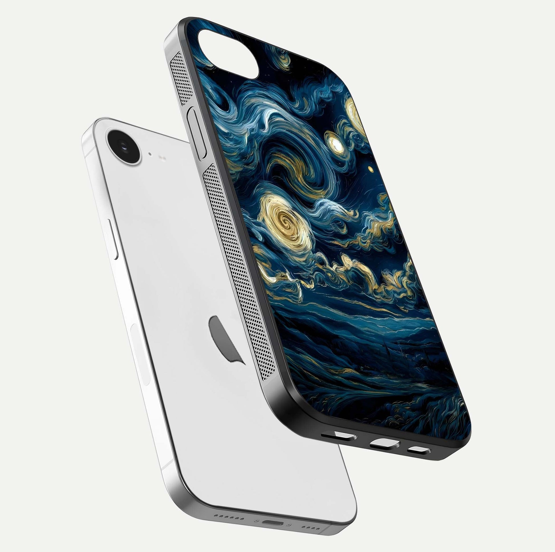 Midnight Sky Whirl Glass Case for iPhone 16e floating dual-view mockup showing gloss texture and shine