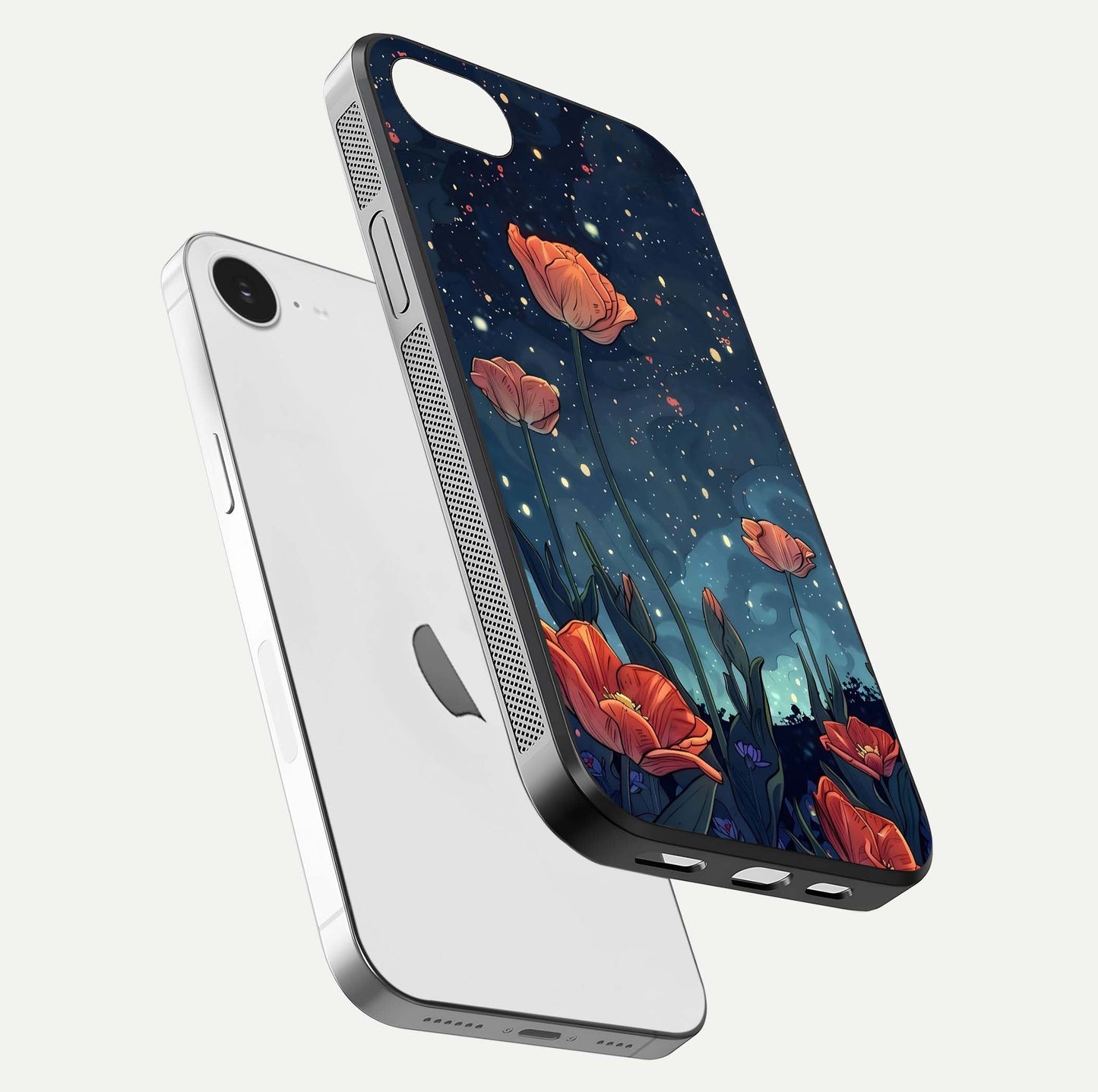 Midnight Tulip Glow Glass Case for iPhone 16e floating dual-view mockup showing HD gloss and tulip tone