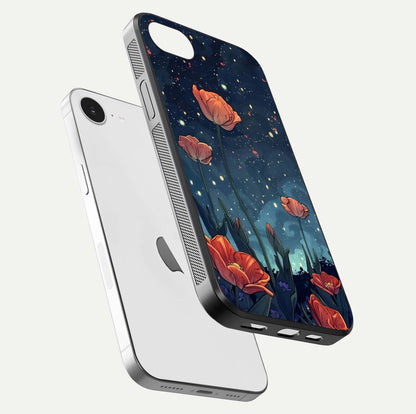 Midnight Tulip Glow Glass Case for iPhone 16e floating dual-view mockup showing HD gloss and tulip tone