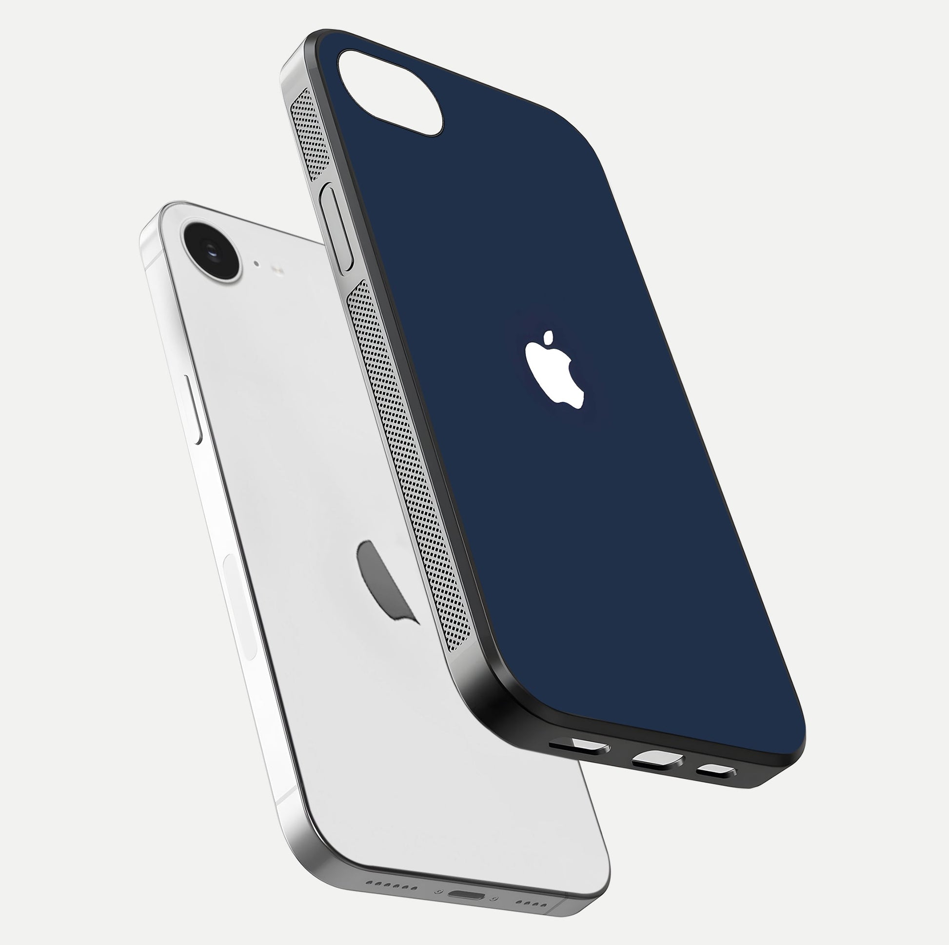 Minimal Apple Night Glass Case for iPhone 16e floating dual-view mockup showing HD shine and minimal style