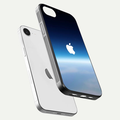 Minimal Apple Sky Glass Case for iPhone 16e floating dual-view mockup showing HD gloss and Apple design