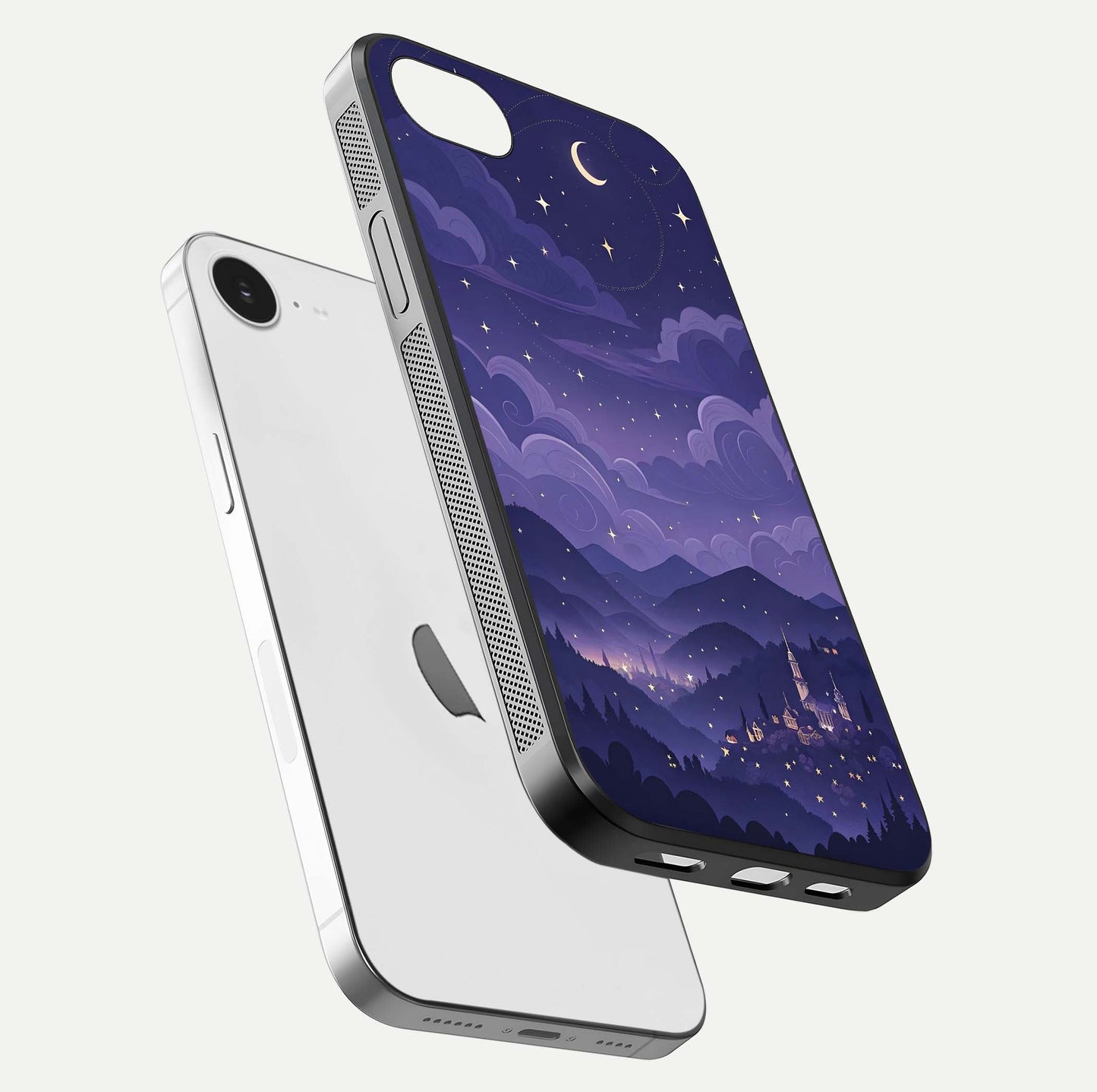 Minimal Night View Glass Case for iPhone 16e floating dual-view mockup showing HD gloss and clean lines