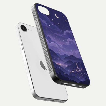 Minimal Night View Glass Case for iPhone 16e floating dual-view mockup showing HD gloss and clean lines