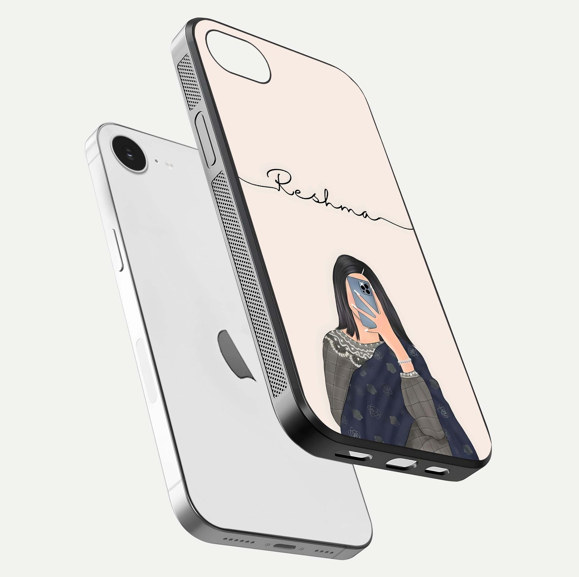 Mirror Mood Muse Custom Name Glass Case for iPhone 16e floating dual-view mockup showing reflection and luxury style