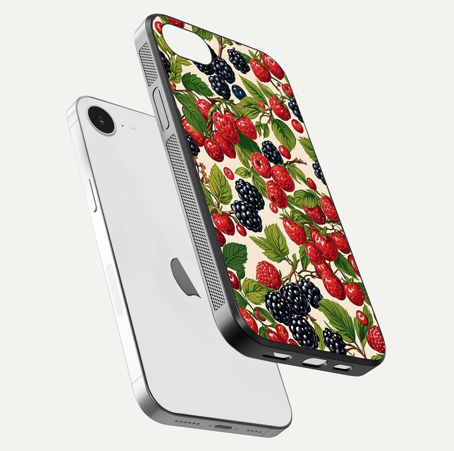 Mixed Berry Collage Glass Case for iPhone 16e floating dual-view mockup showing gloss depth and vibrant design