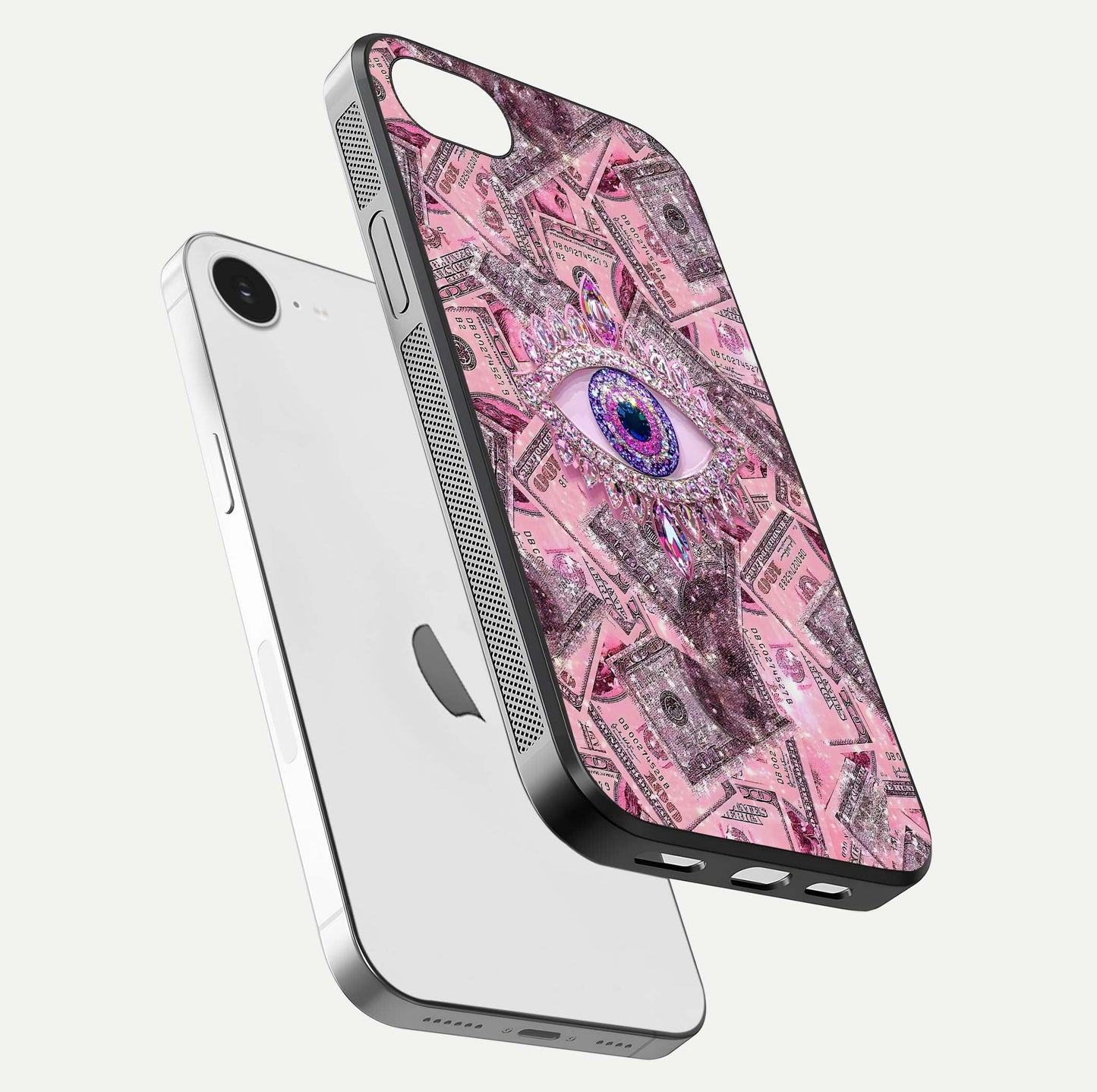 Money Eye Luxe Glass Case for iPhone 16e floating dual-view mockup showing gloss surface and premium look
