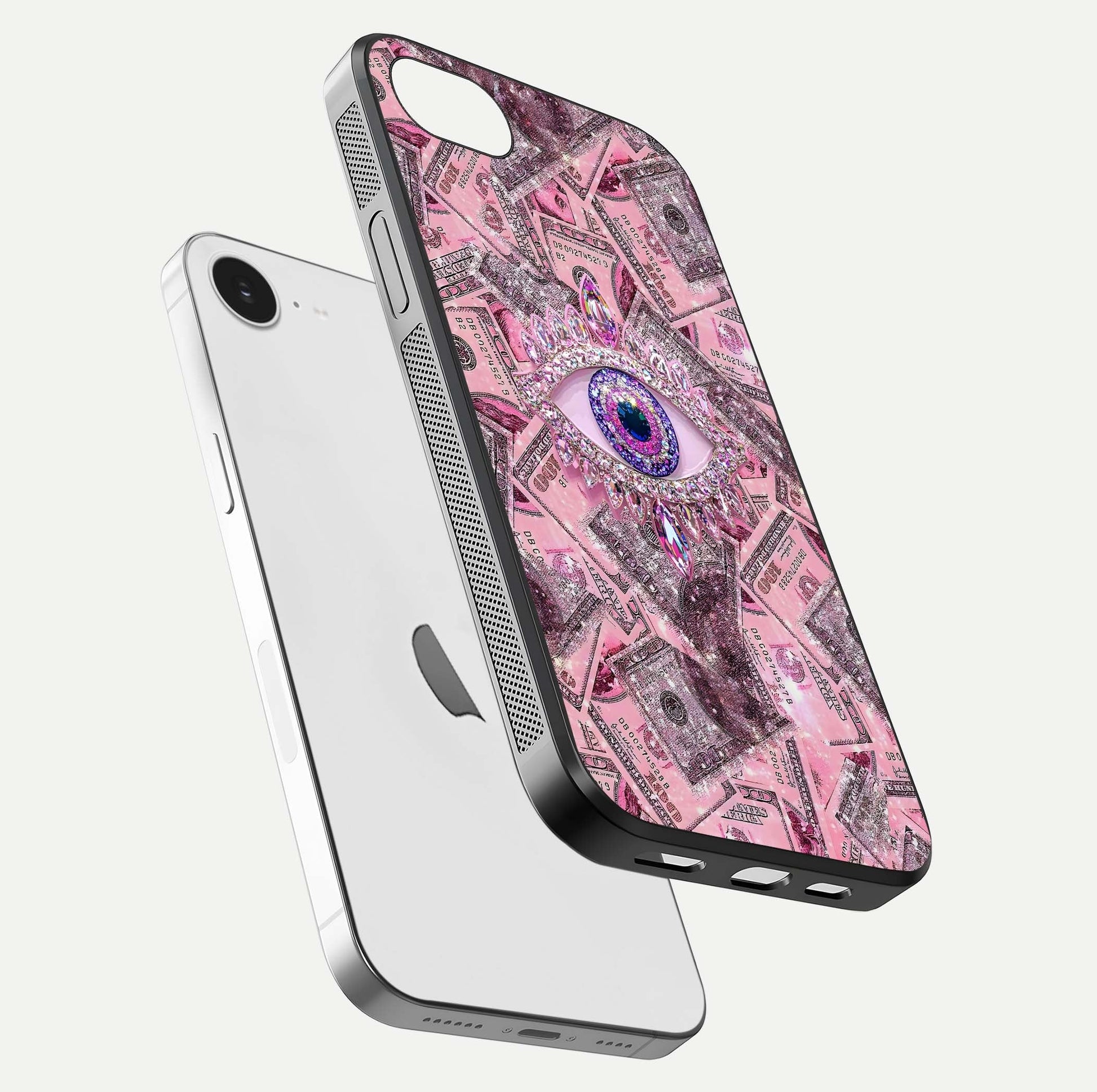 Money Eye Luxe Glass Case for iPhone 16e floating dual-view mockup showing gloss surface and premium look