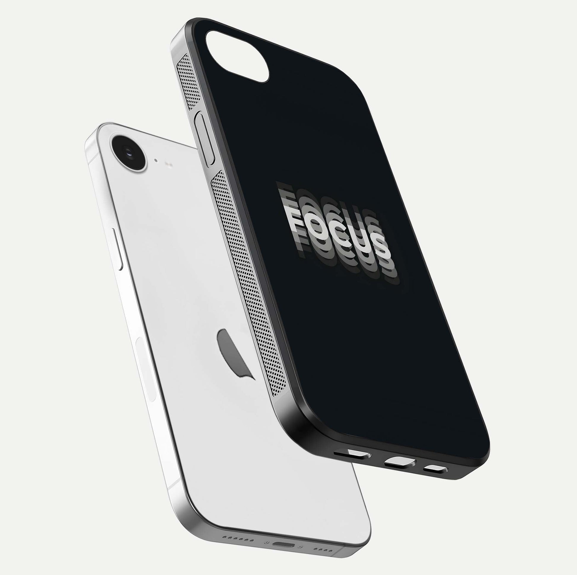 Mono Focus Vision Glass Case for iPhone 16e floating dual-view mockup showing HD gloss and elegant simplicity