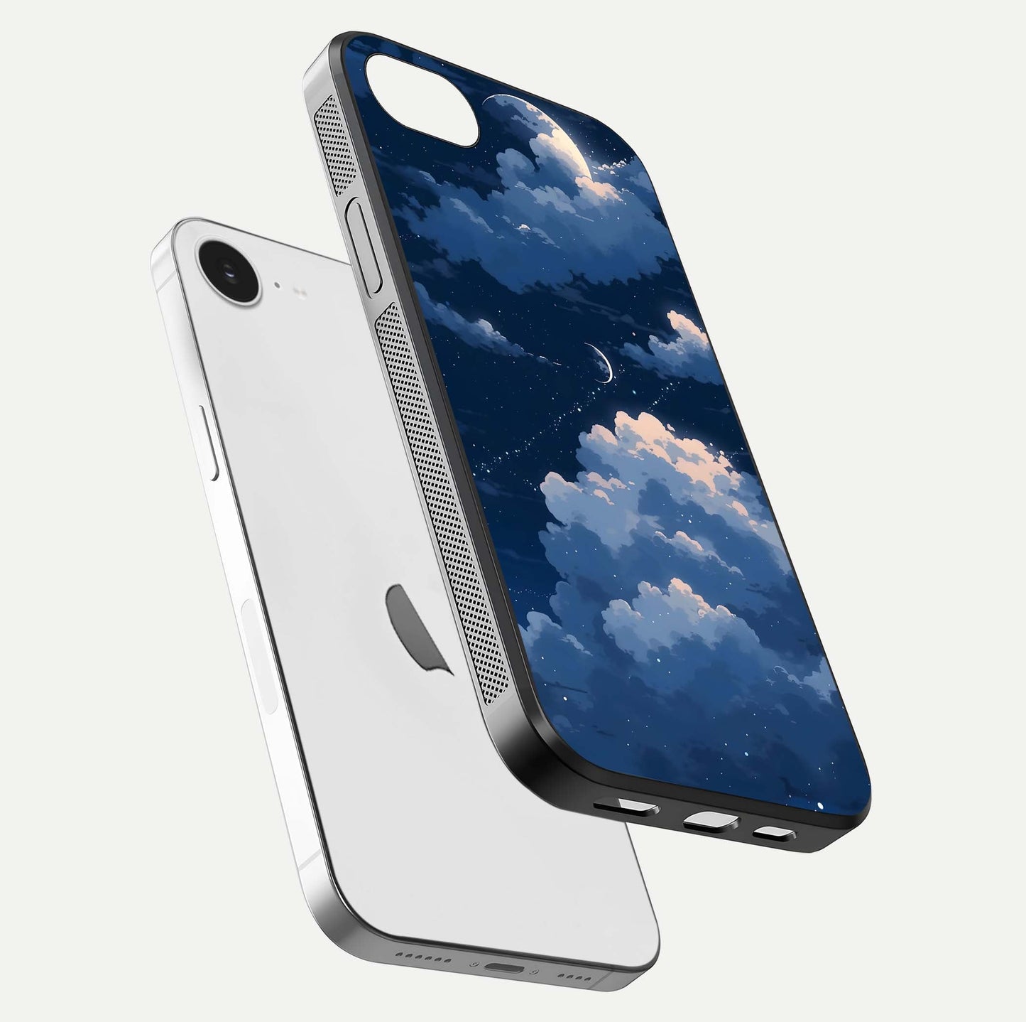 Moon Dream Haze Glass Case for iPhone 16e floating dual-view mockup showing gloss texture and calm tones