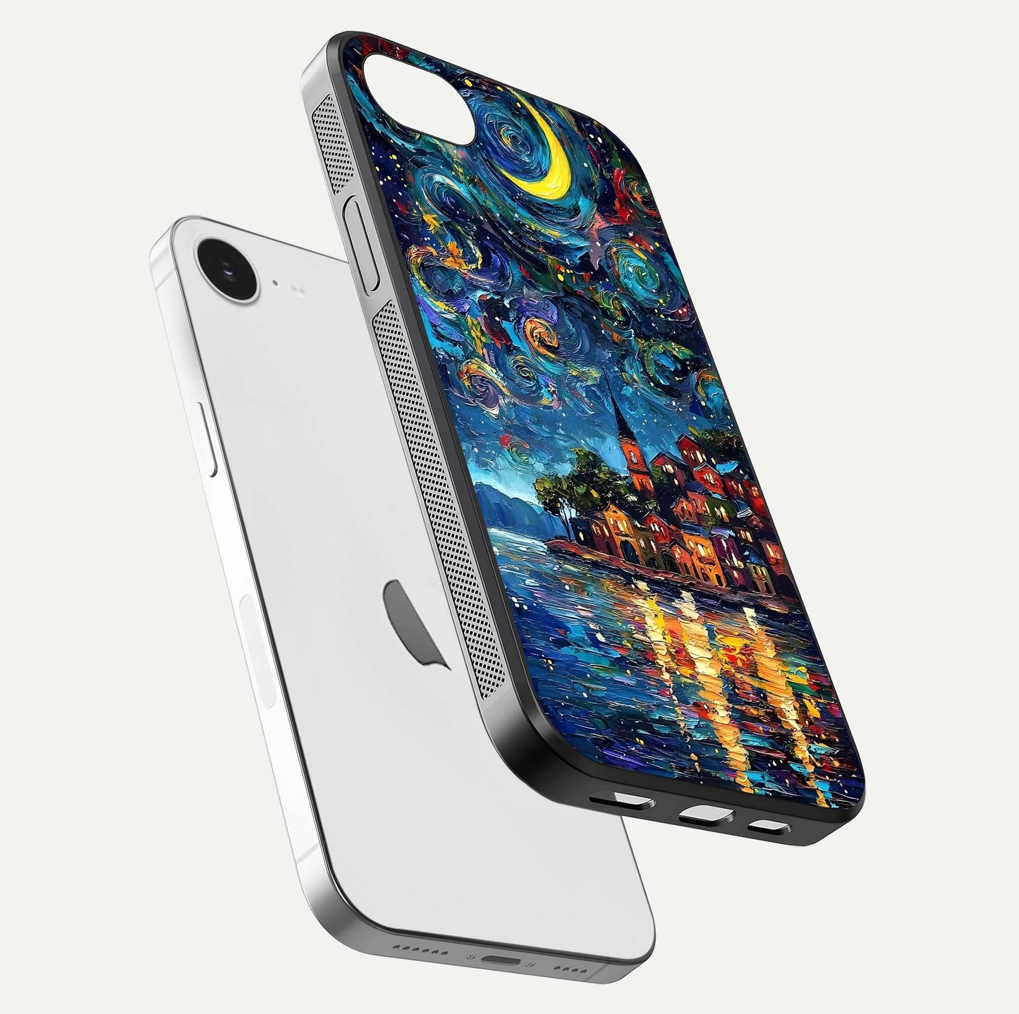 Moonlight Harbor Glow Glass Case for iPhone 16e floating dual-view mockup showing gloss brightness and glow