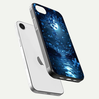 Moonlight Petal Dream Glass Case for iPhone 16e floating dual-view mockup showing HD gloss and dreamy art