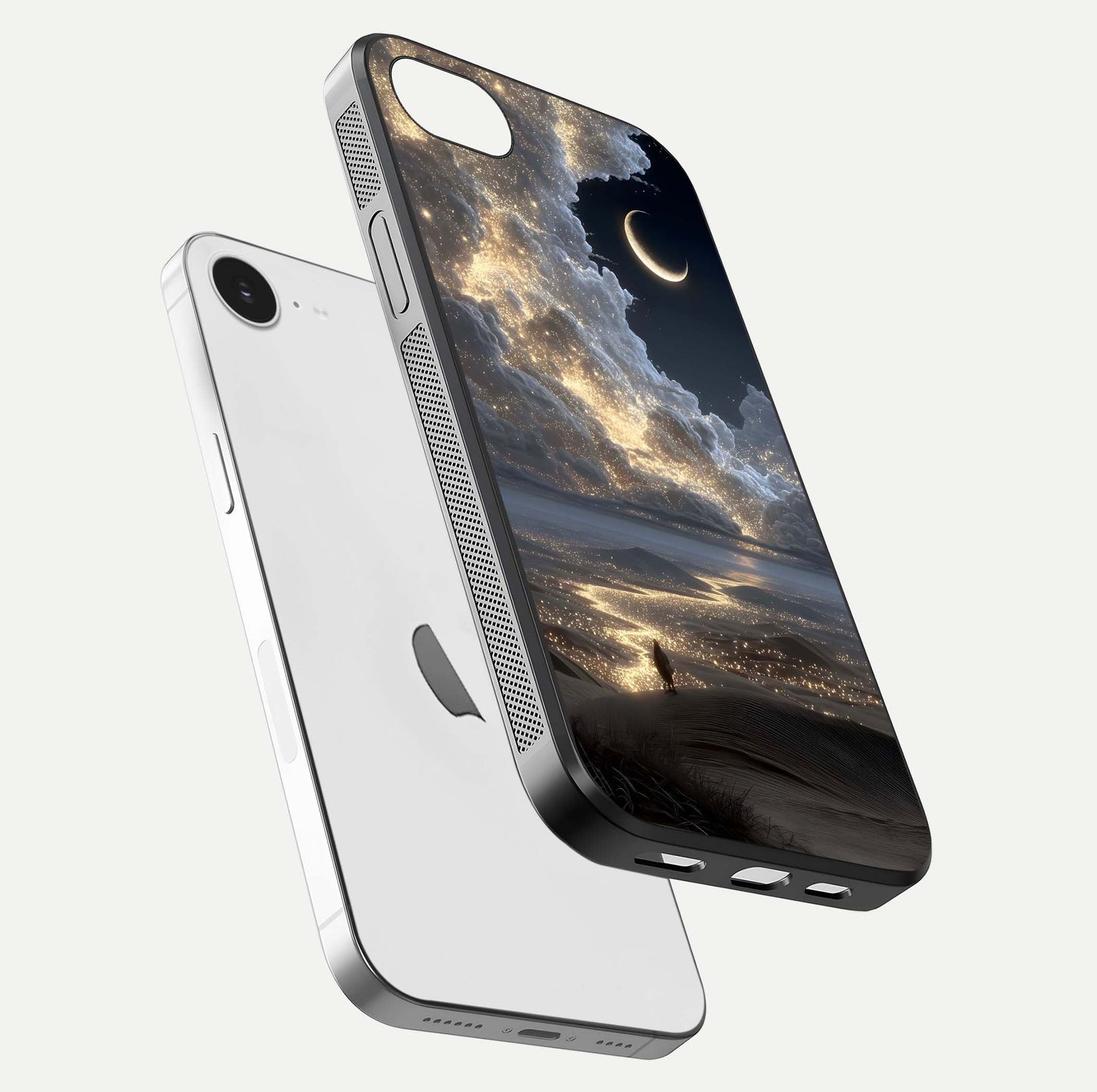 Moonlight Spark Path Glass Case for iPhone 16e floating dual-view mockup showing gloss finish and shine depth