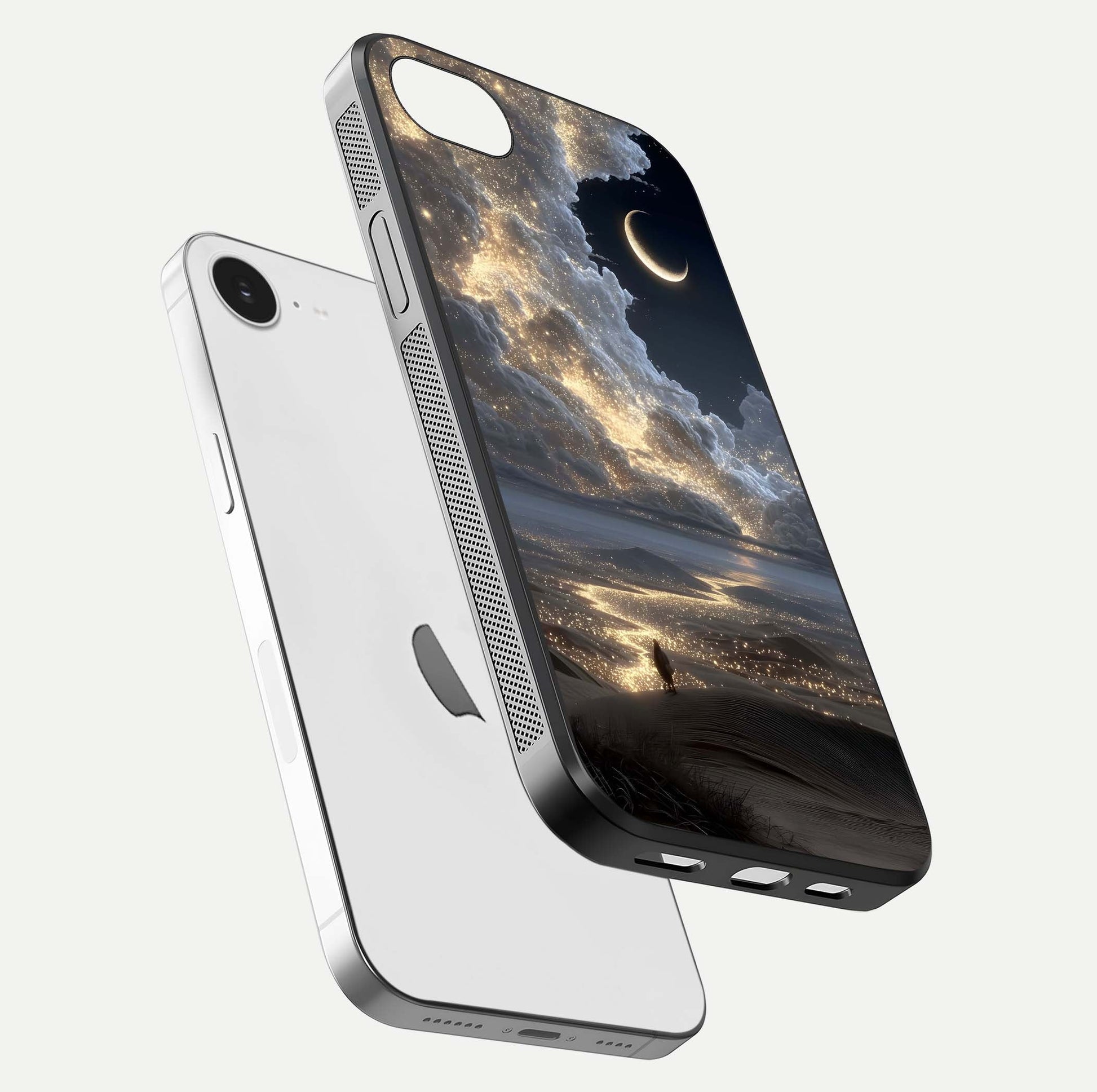 Moonlight Spark Path Glass Case for iPhone 16e floating dual-view mockup showing gloss finish and shine depth