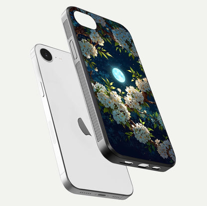 Moonlit Blossom Dream Glass Case for iPhone 16e floating dual-view mockup showing gloss texture and floral tone