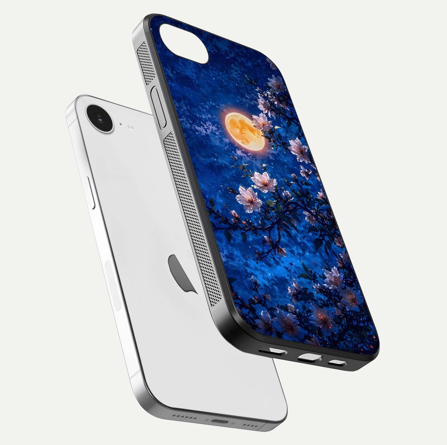 Moonlit Blossoms Night Glass Case for iPhone 16e floating dual-view mockup showing HD gloss and floral contrast