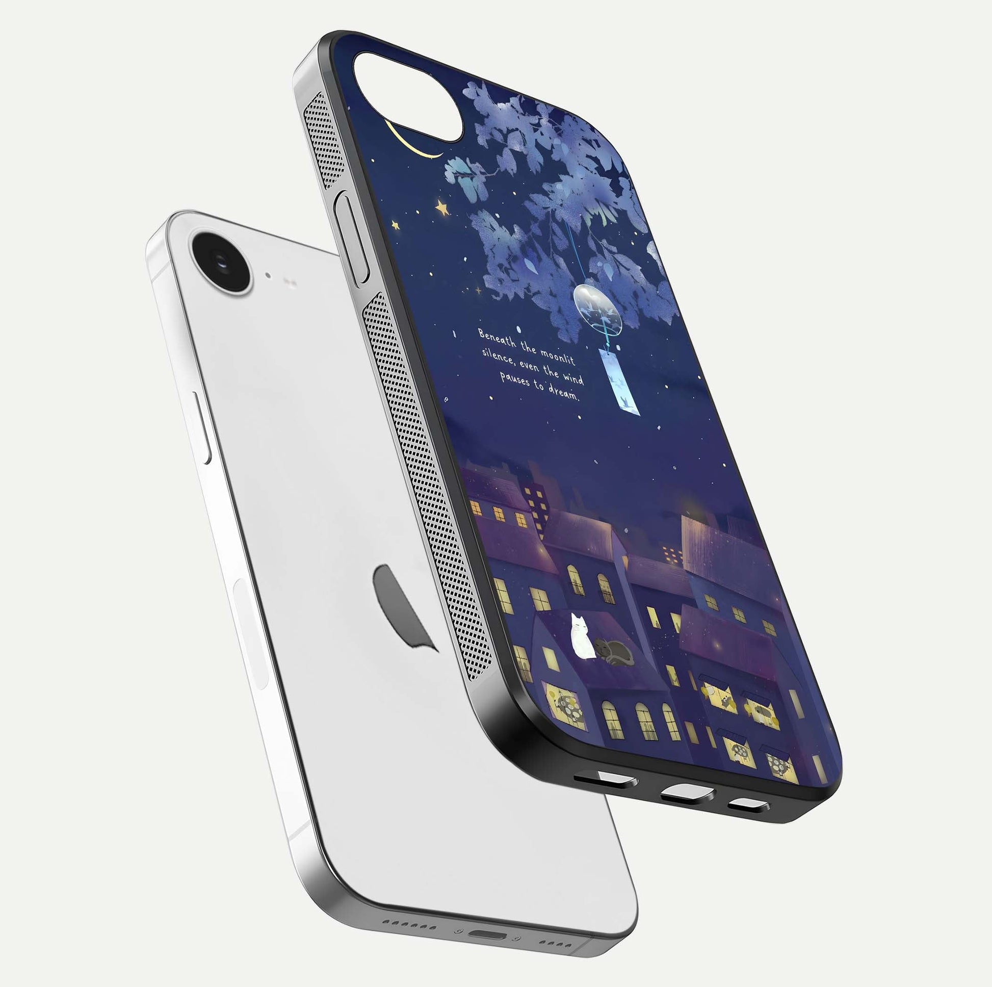 Moonlit Cat Silence Glass Case for iPhone 16e floating dual-view mockup showing gloss reflection and moon art