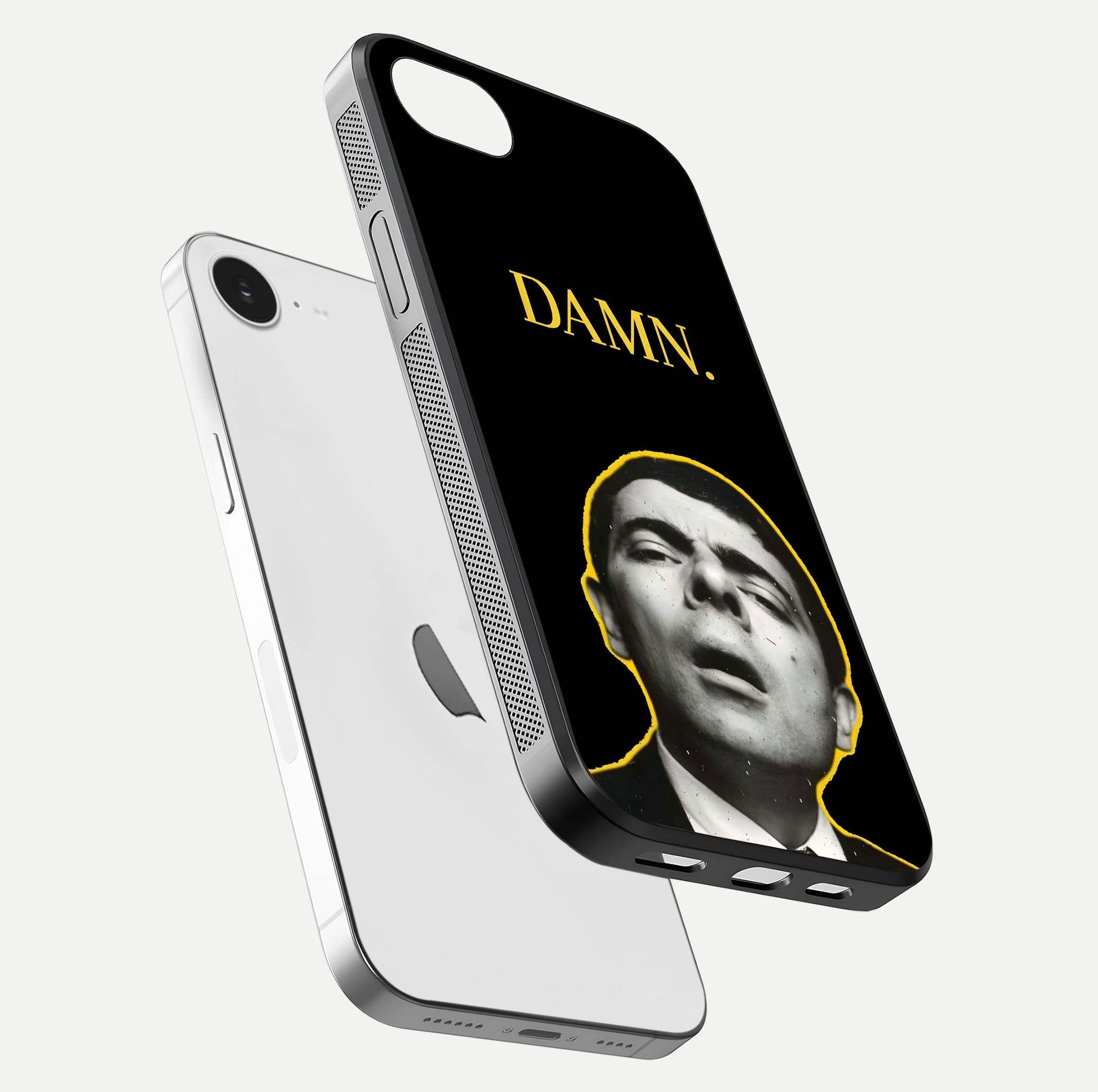 Mr Bean Damn Glass Case for iPhone 16e floating dual-view mockup showing reflective gloss and vivid tones