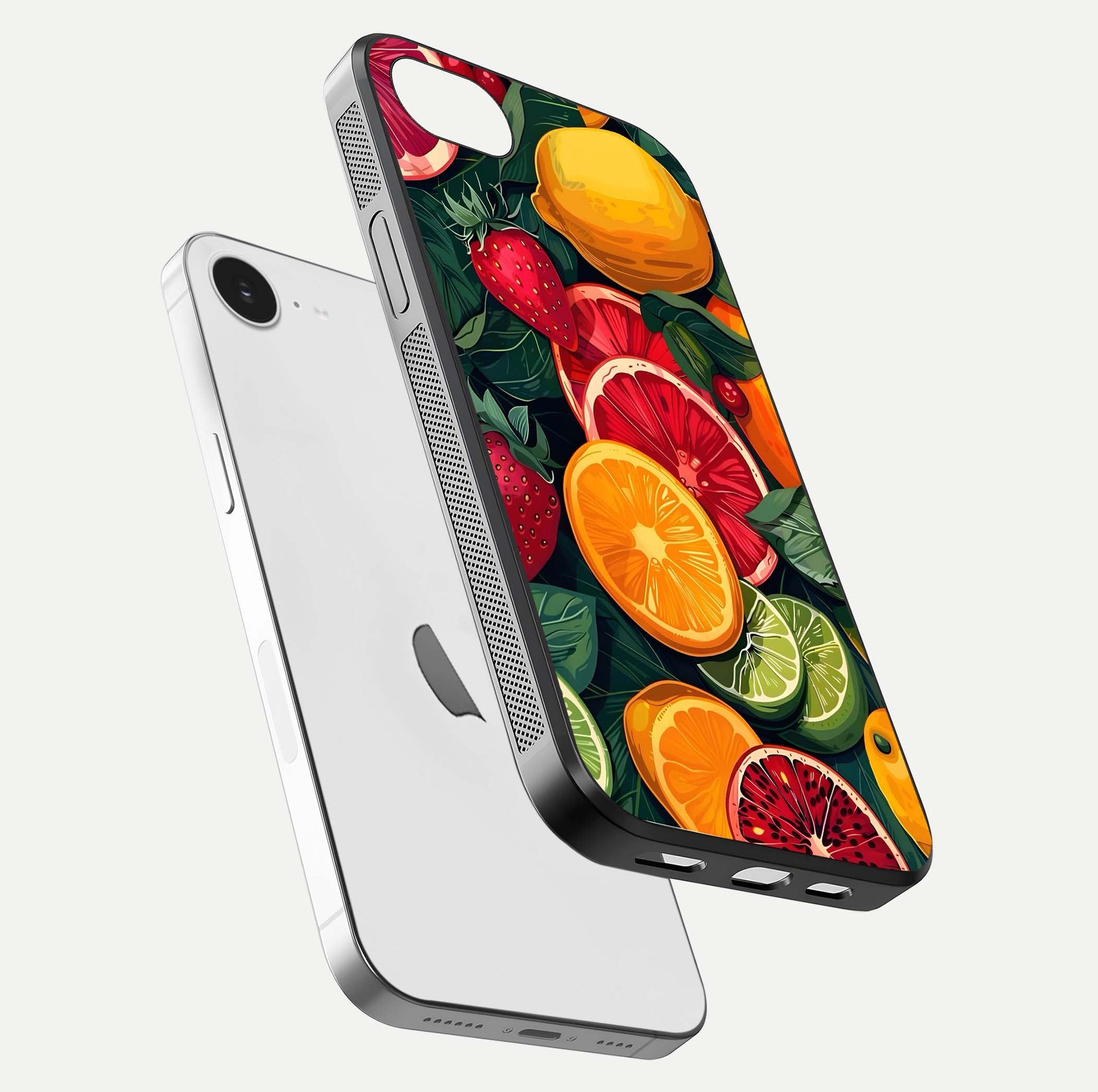 Multiple Fruits Glass Case for iPhone 16e floating dual-view mockup showing reflection depth and freshness