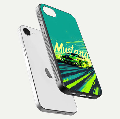 Mustang Bang Glass Case for iPhone 16e floating dual-view mockup showing gloss depth and power design
