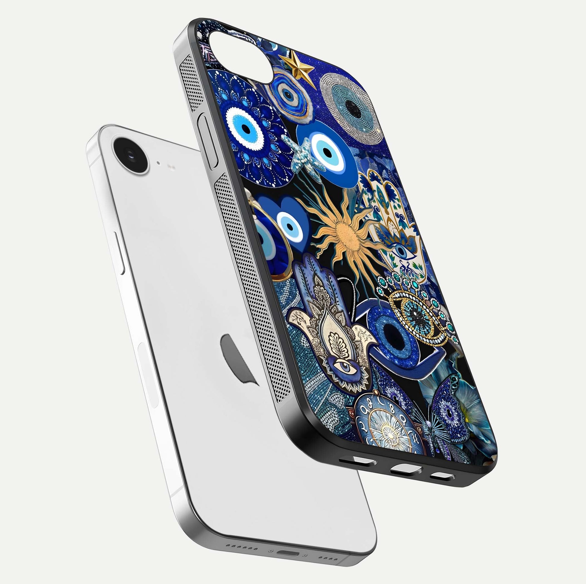 Mystic Blue Evil Eye Glass Case for iPhone 16e floating dual-view mockup showing gloss depth and sacred symbol