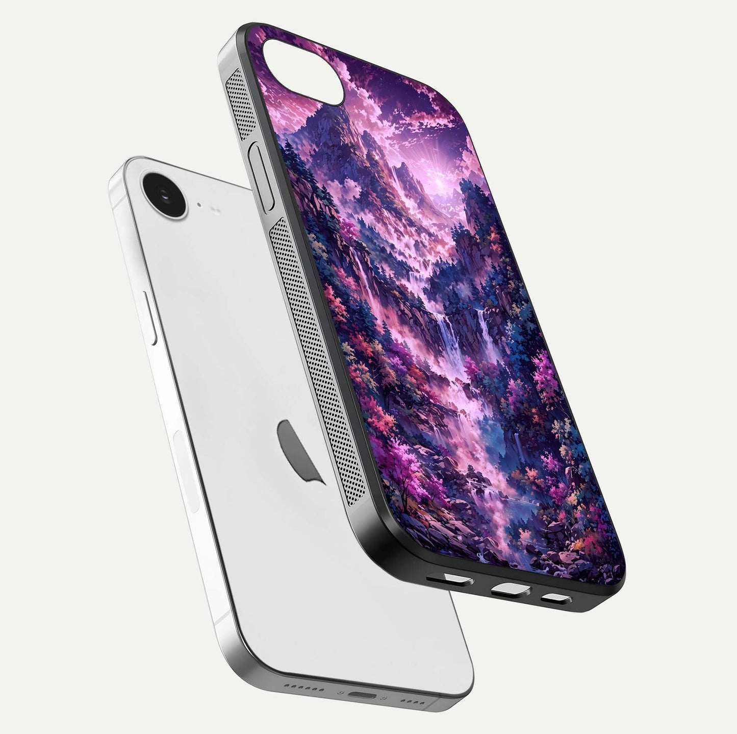 Mystic Cascade Peaks Glass Case for iPhone 16e floating dual-view mockup showing gloss texture and depth