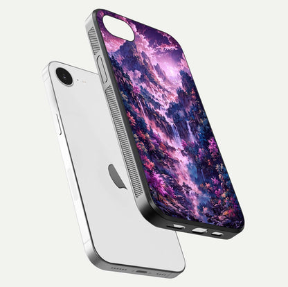 Mystic Cascade Peaks Glass Case for iPhone 16e floating dual-view mockup showing gloss texture and depth