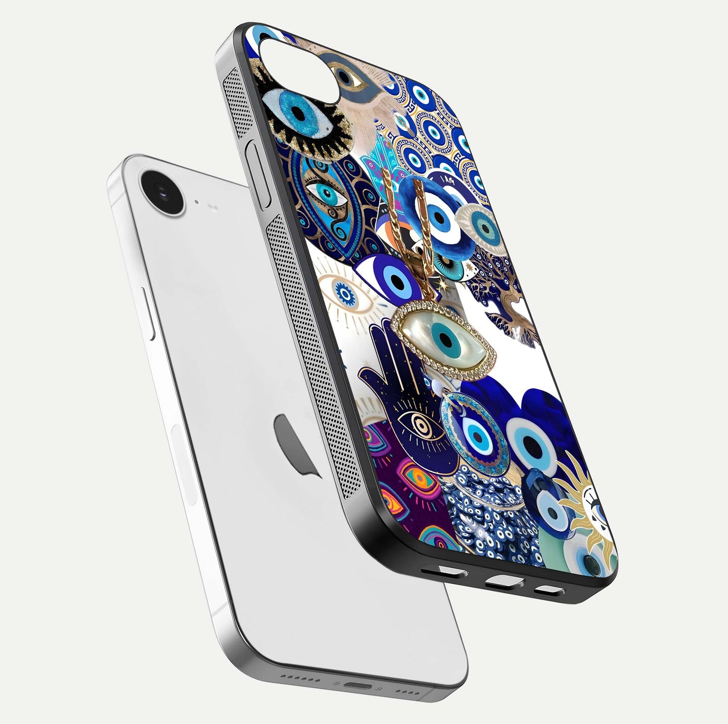 Mystic Charm Eye Glass Case for iPhone 16e floating dual-view mockup showing gloss glow and charm symbol