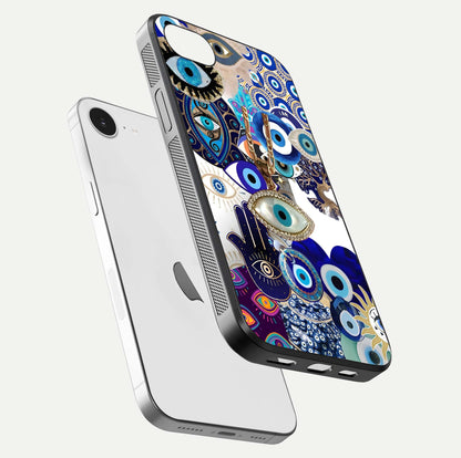 Mystic Charm Eye Glass Case for iPhone 16e floating dual-view mockup showing gloss glow and charm symbol
