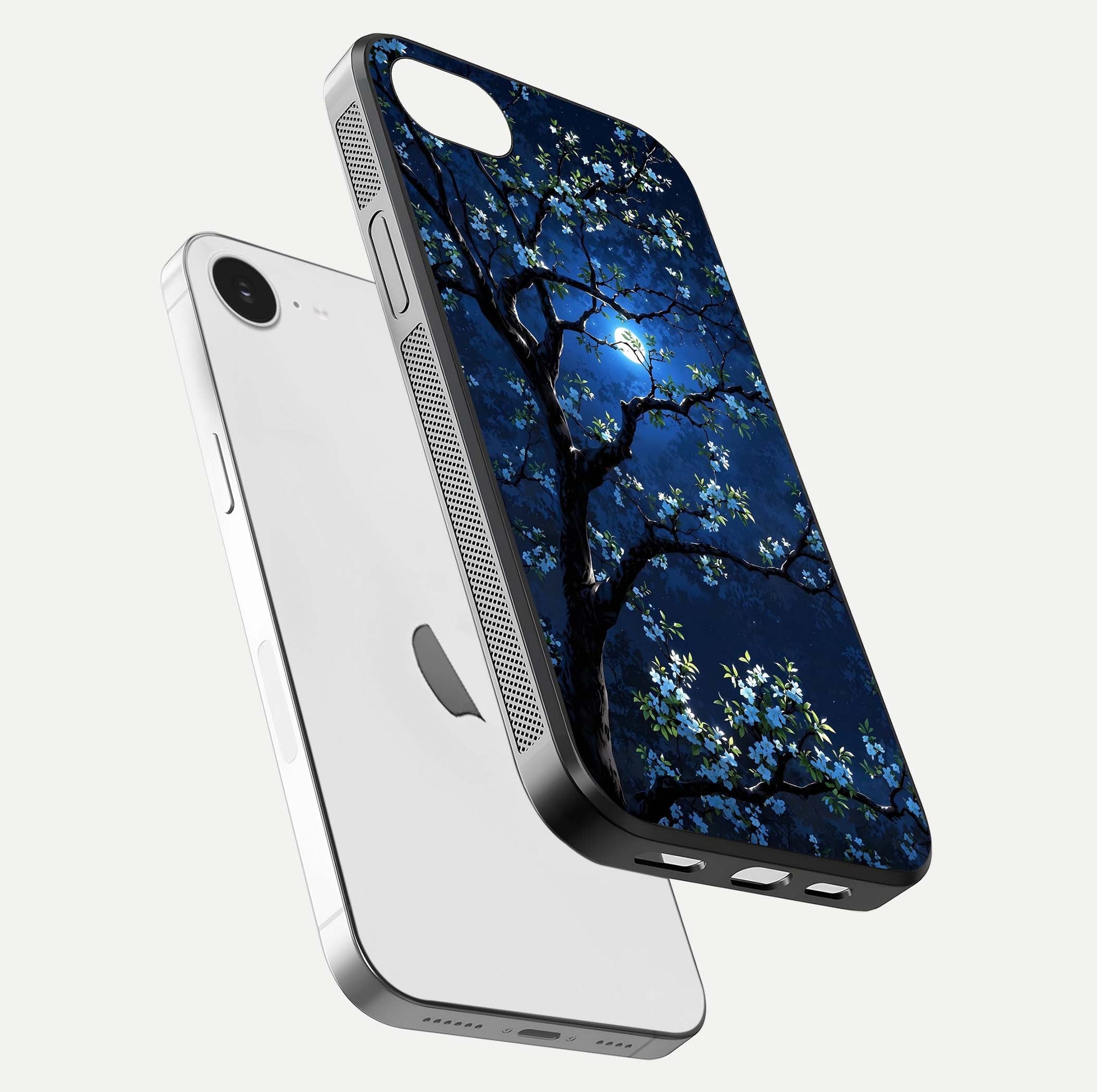 Mystic Floral Night Glass Case for iPhone 16e floating dual-view mockup displaying shine and rich color depth