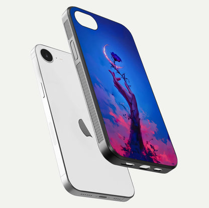 Mystic Hand Glass Case for iPhone 16e floating dual-view mockup showing HD shine and fine palm detail