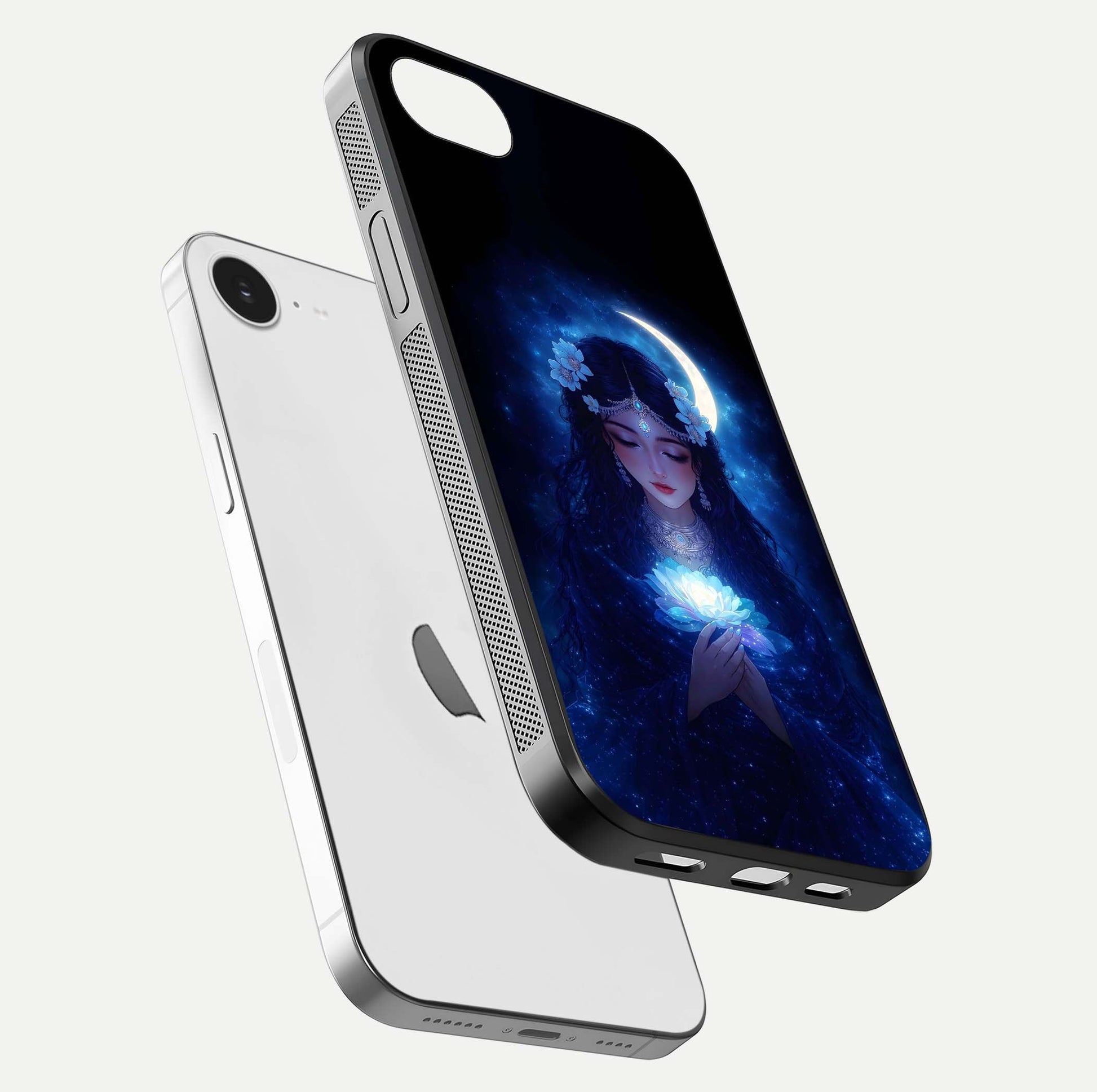 Mystic Moon Queen Glass Case for iPhone 16e floating dual-view mockup showing HD gloss and cosmic glow