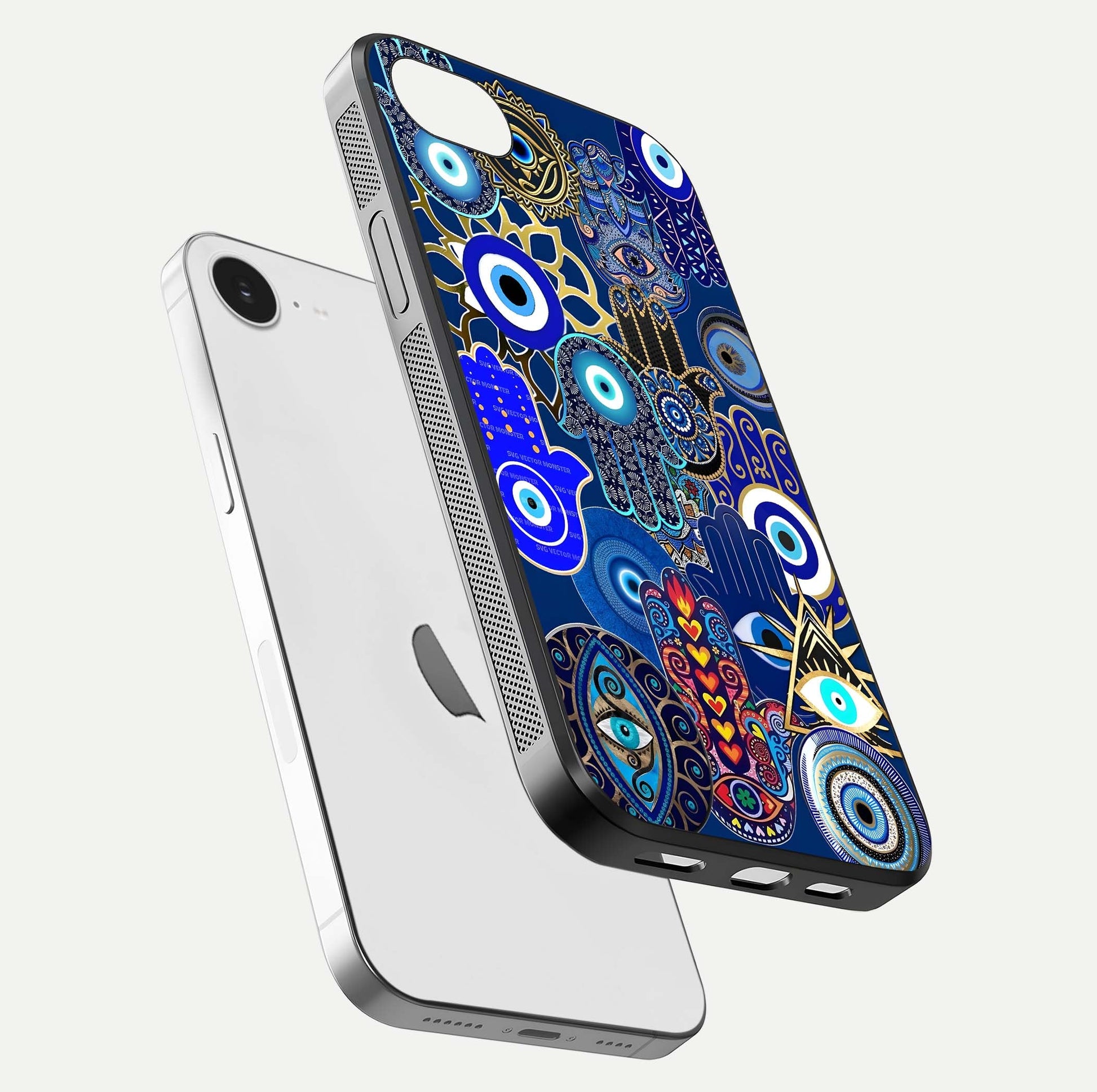 Mystic Palm Guard Glass Case for iPhone 16e floating dual-view mockup showing HD reflection and vivid tone