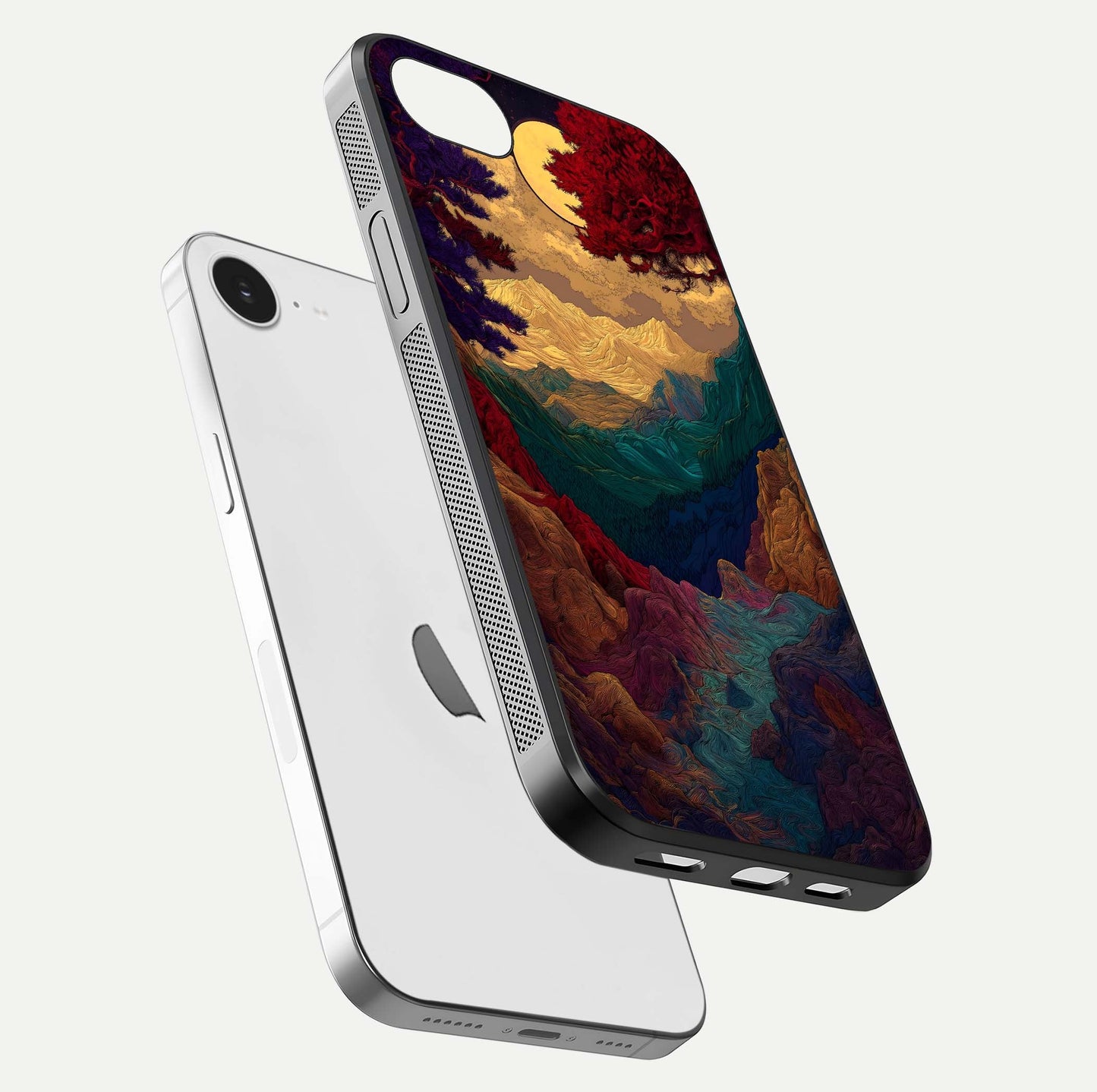 Mystic Valley Light Glass Case for iPhone 16e floating dual-view mockup showing HD gloss and light blend