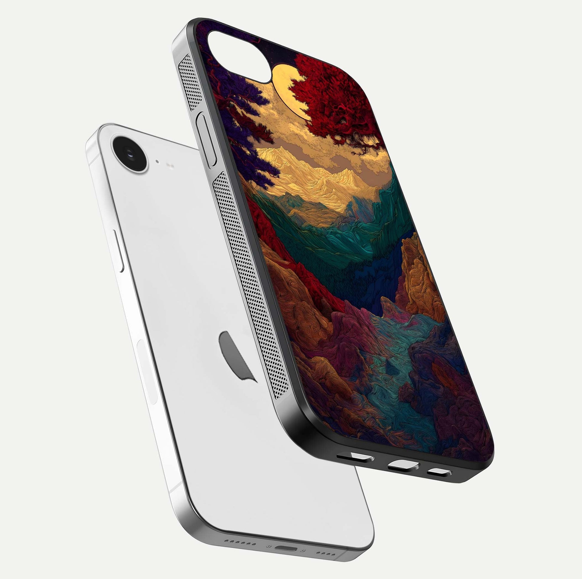 Mystic Valley Light Glass Case for iPhone 16e floating dual-view mockup showing HD gloss and light blend