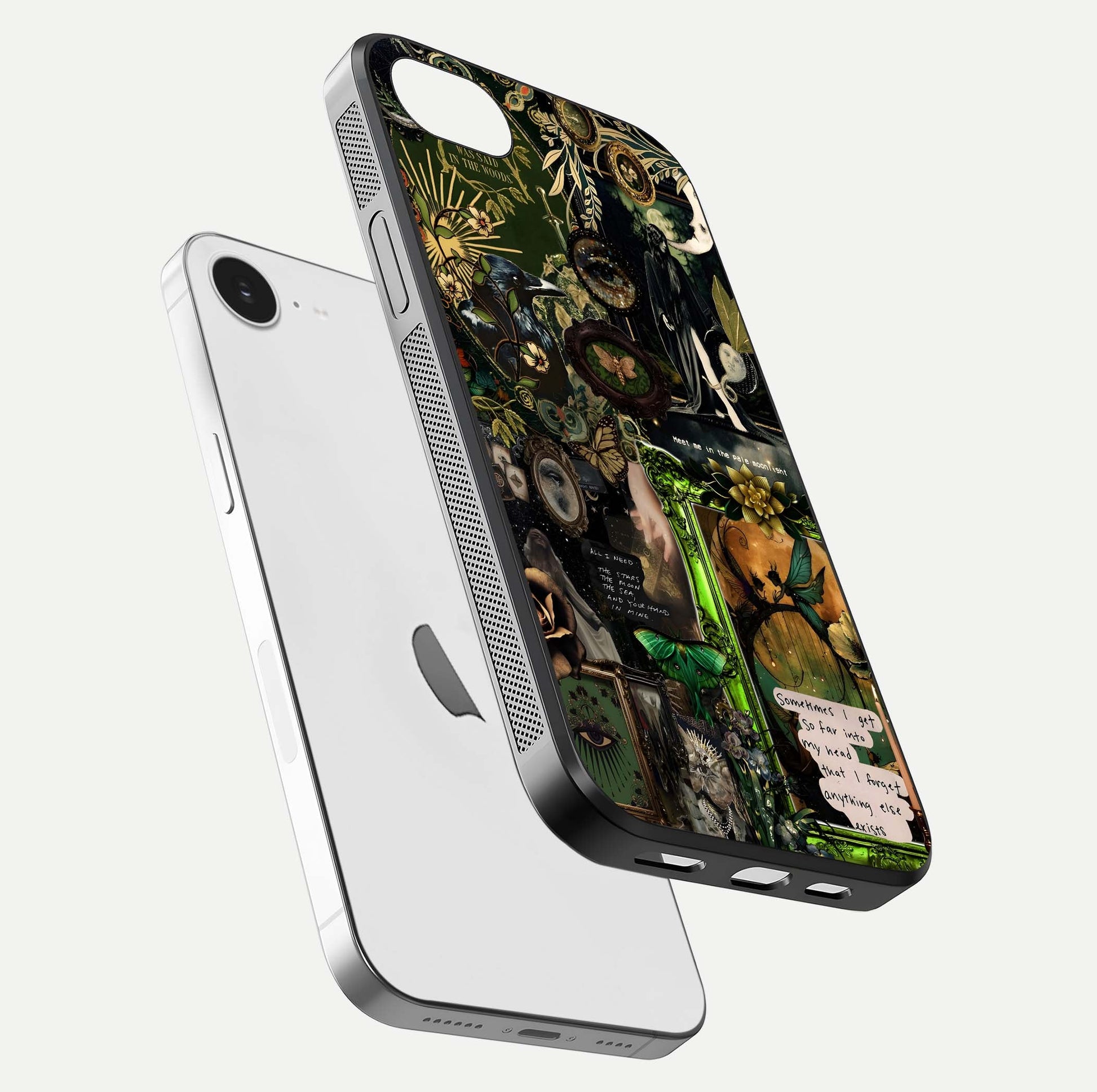 Mystic Woods Secret Glass Case for iPhone 16e floating dual-view mockup showing HD shine and depth
