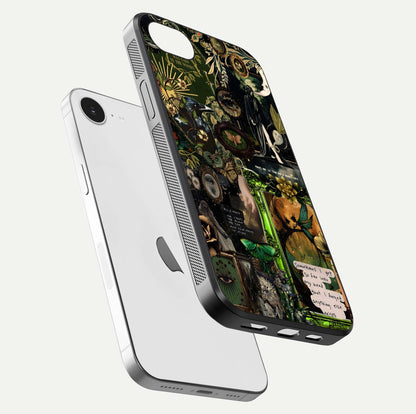 Mystic Woods Secret Glass Case for iPhone 16e floating dual-view mockup showing HD shine and depth