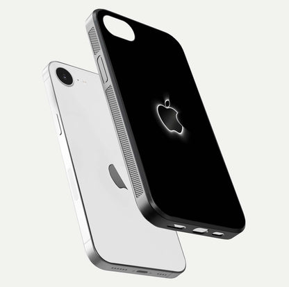 Neon Apple Glow Glass Case for iPhone 16e floating dual-view mockup showing HD shine and modern look