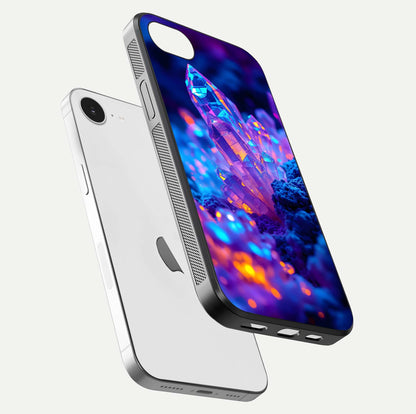 Neon Aura Shards Glass Case for iPhone 16e floating dual-view mockup showing HD shine and shard texture