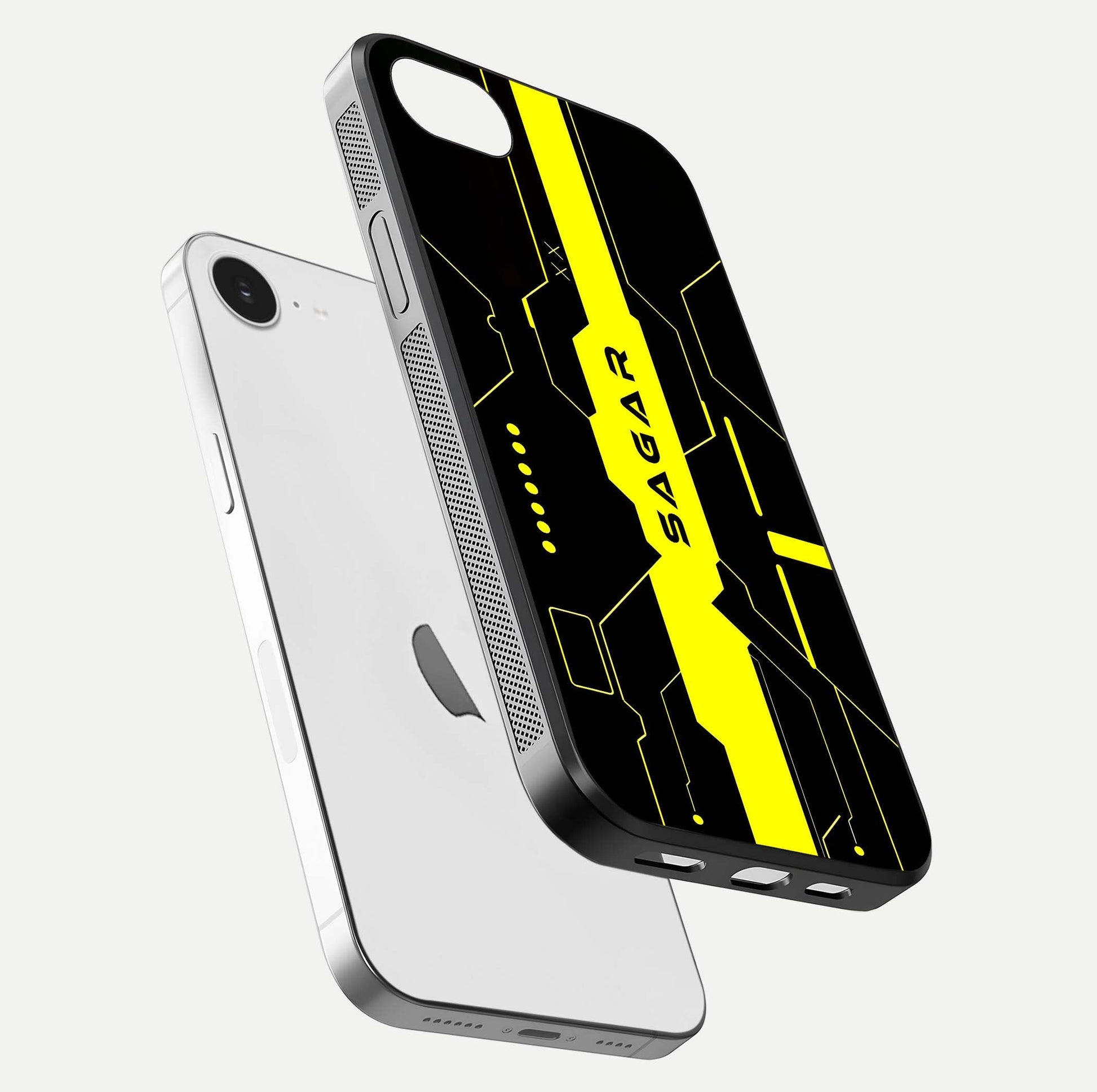 Neon CYBERPUNK Custom Name Glass Case for iPhone 16e floating dual-view mockup showing HD shine and neon lines