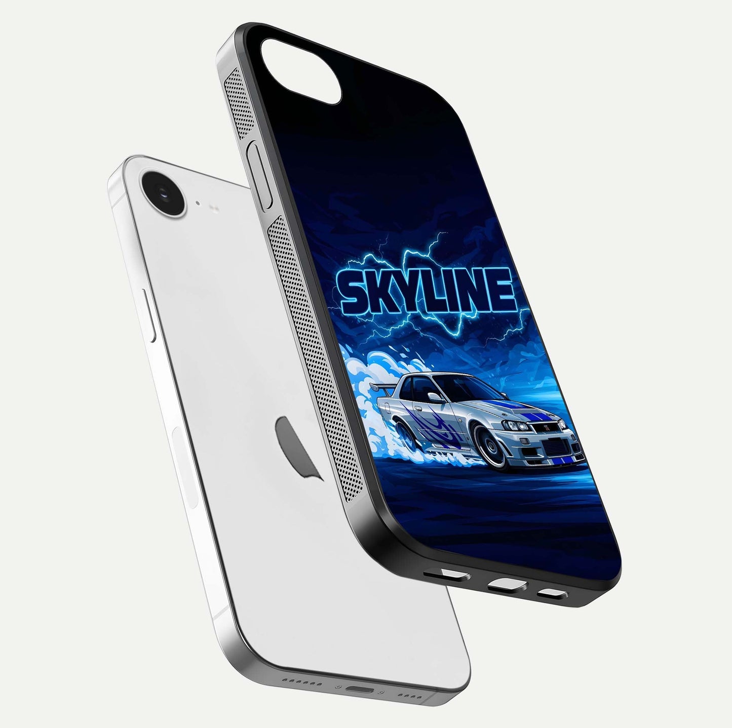 Neon Drift Beast Glass Case for iPhone 16e floating dual-view mockup showing gloss texture and motion glow
