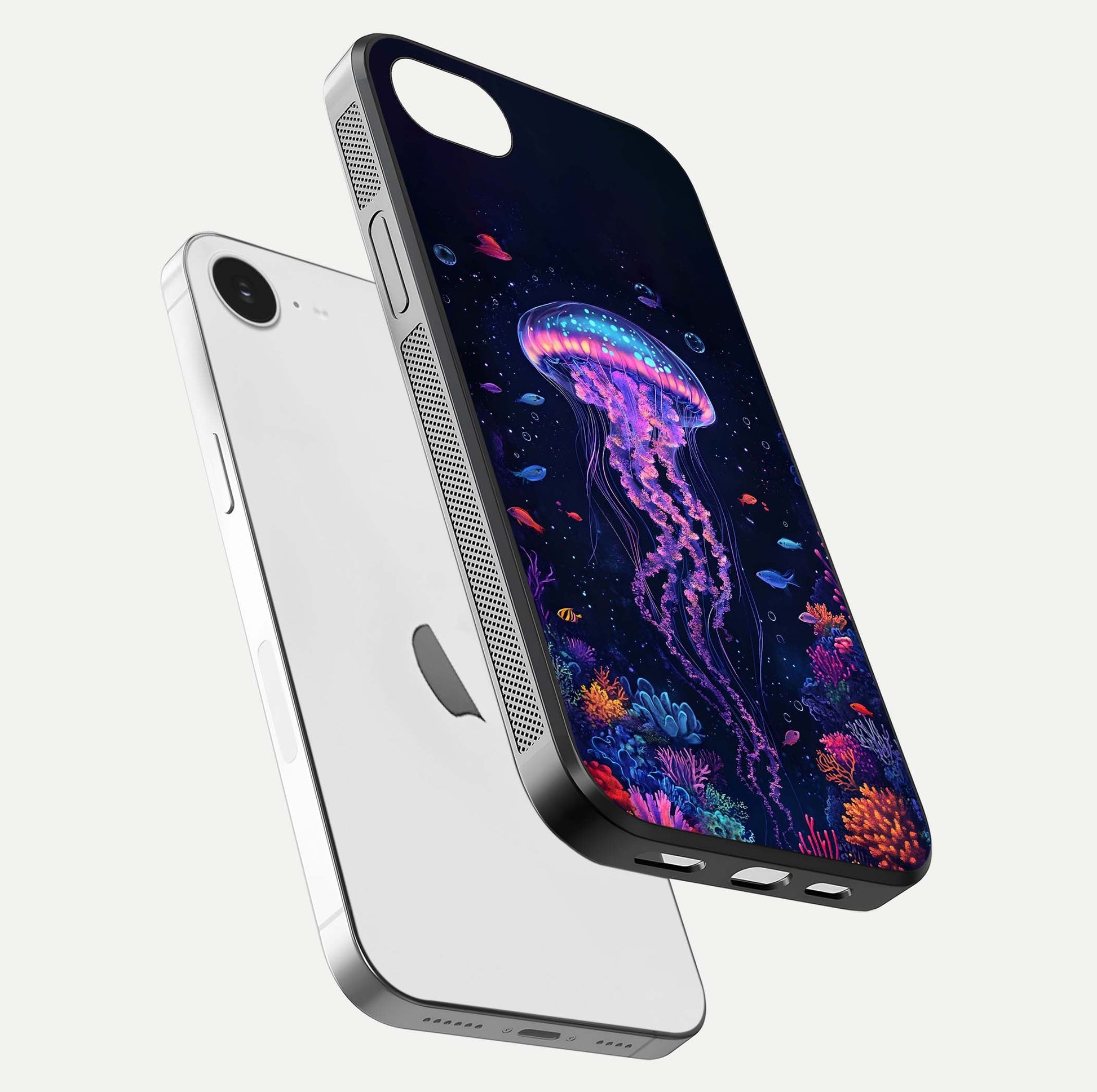 Neon Jellyfish Glass Case for iPhone 16e floating dual-view mockup showing gloss texture and underwater glow