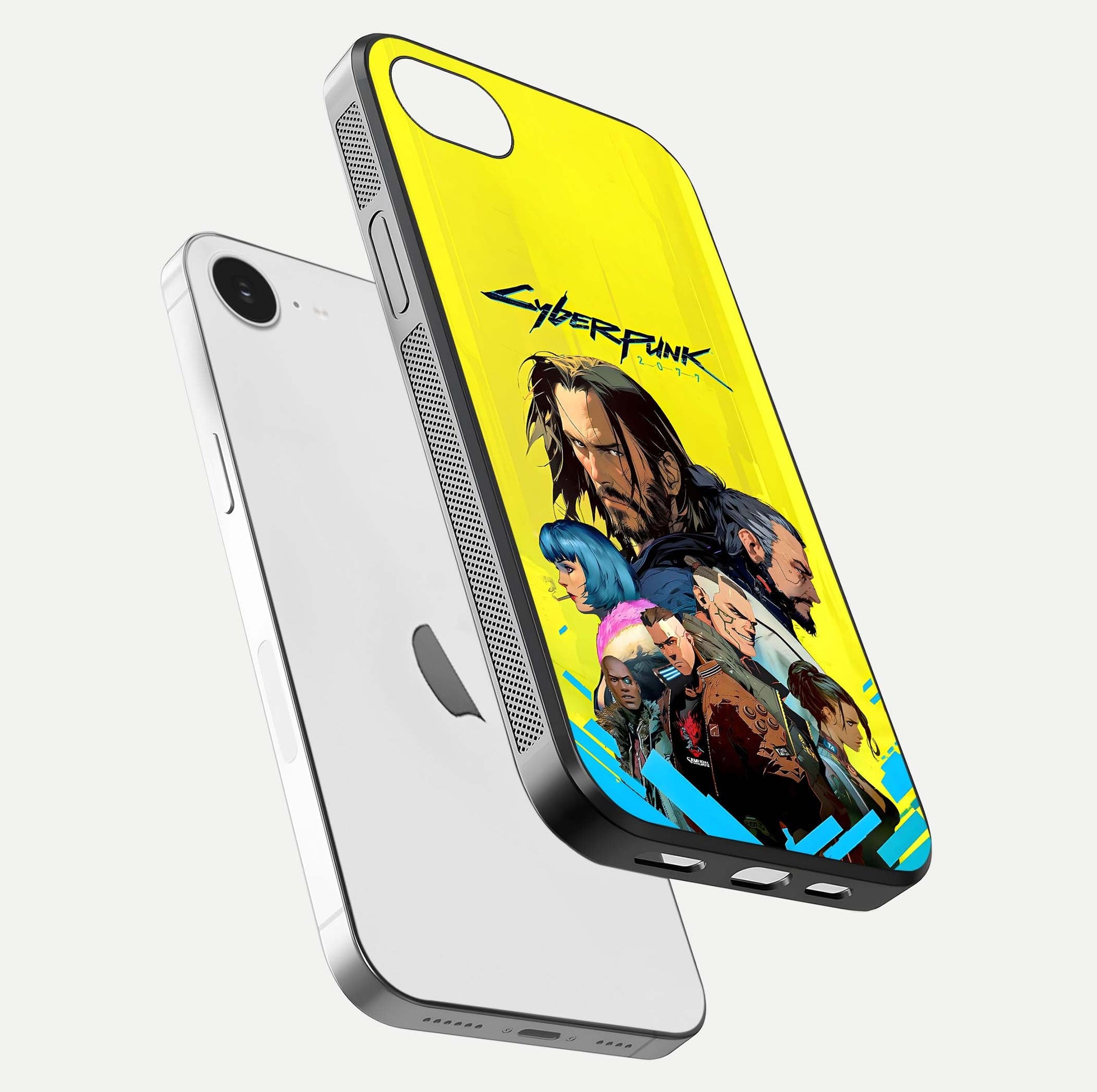 Neon Rebel Genesis Glass Case for iPhone 16e floating dual-view mockup showing electric glow and depth