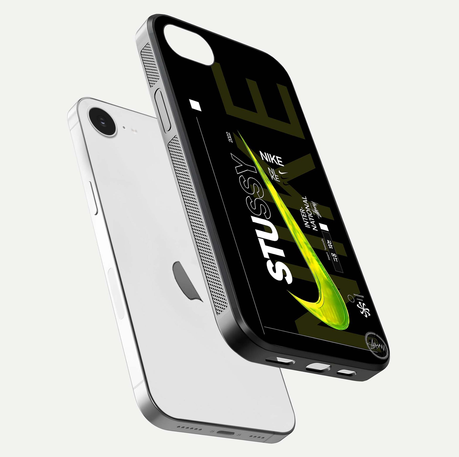 Neon Street Edition Glass Case for iPhone 16e floating dual-view mockup showing HD gloss and neon glow