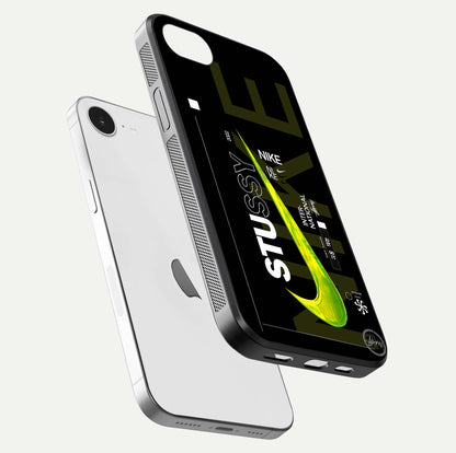 Neon Street Edition Glass Case for iPhone 16e floating dual-view mockup showing HD gloss and neon glow