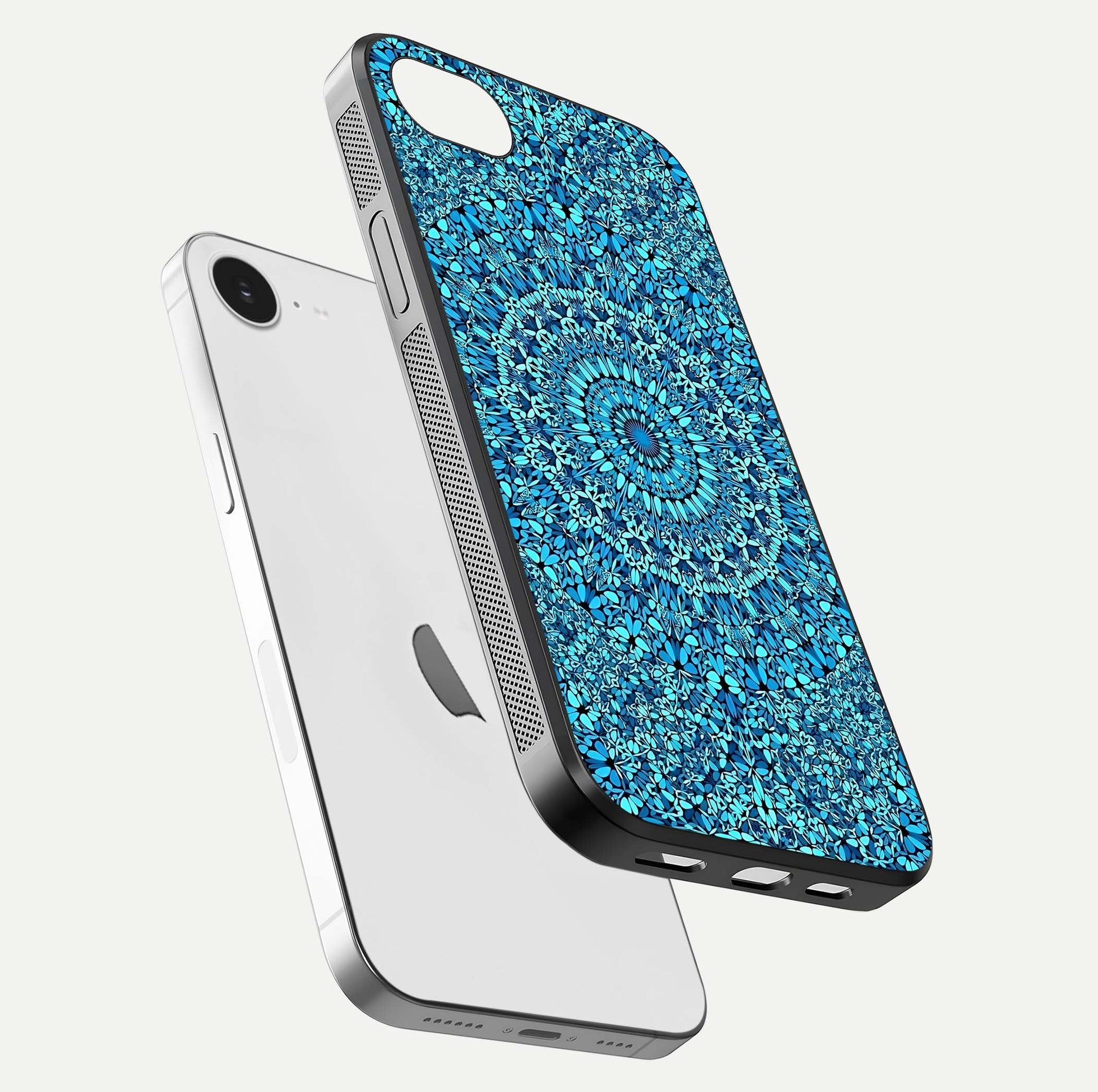 Ocean Bloom Mandala Glass Case for iPhone 16e floating dual-view mockup showing gloss texture and print depth