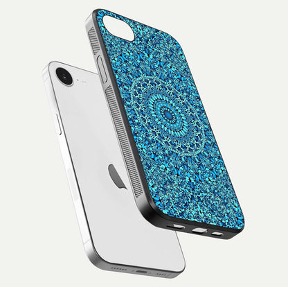Ocean Bloom Mandala Glass Case for iPhone 16e floating dual-view mockup showing gloss texture and print depth