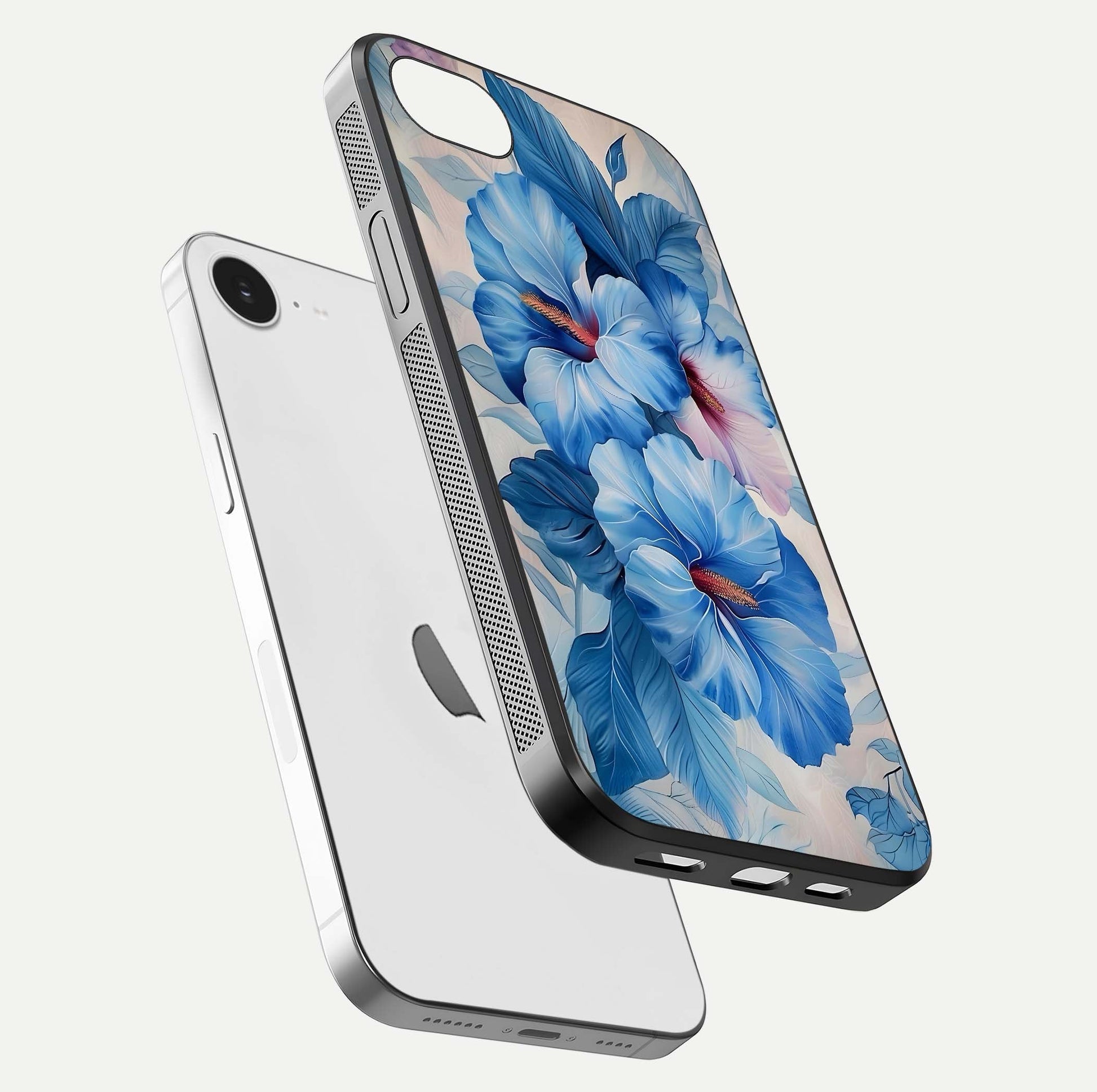 Ocean Hibiscus Grace Glass Case for iPhone 16e floating dual-view mockup showing gloss reflection and print clarity