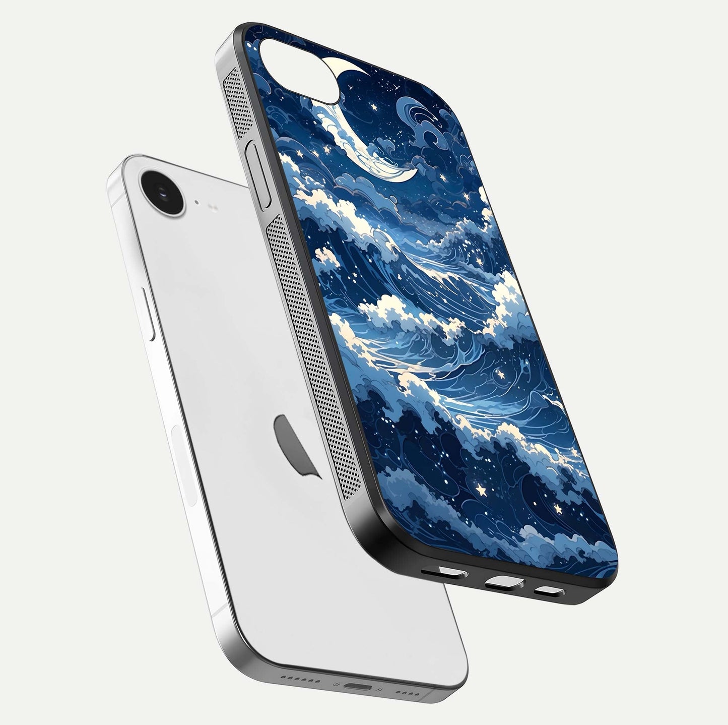 Ocean Moon Waves Glass Case for iPhone 16e floating dual-view mockup showing gloss texture and moon glow