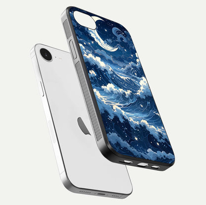 Ocean Moon Waves Glass Case for iPhone 16e floating dual-view mockup showing gloss texture and moon glow