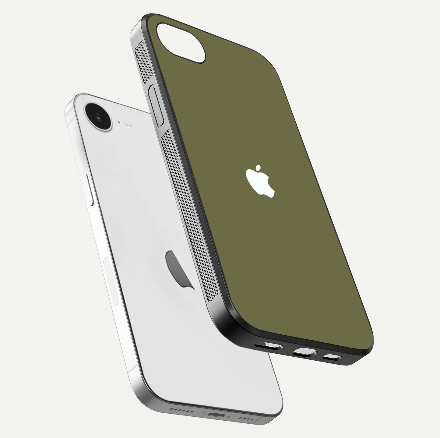 Olive Matte Essence Glass Case for iPhone 16e floating dual-view mockup showing matte gloss and depth